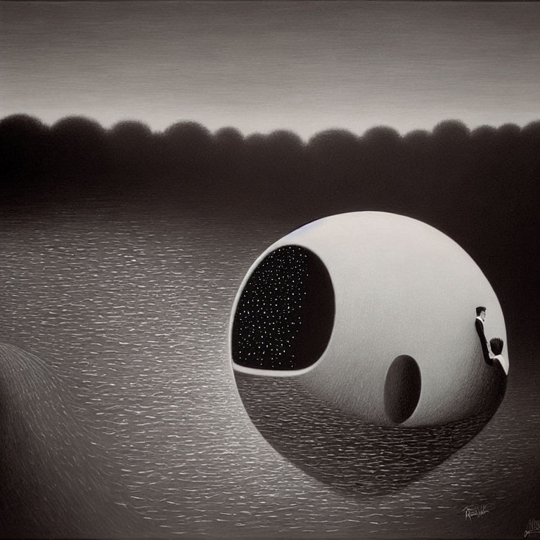 Surreal black and white artwork of spherical object on water