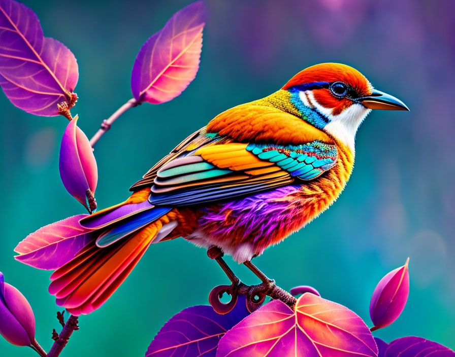 Colorful Bird on Branch with Purple Leaves Displays Orange, Blue, and Green Plumage