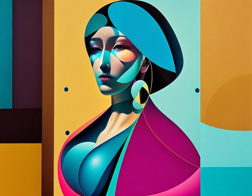 Colorful digital artwork of stylized woman with bold geometric patterns
