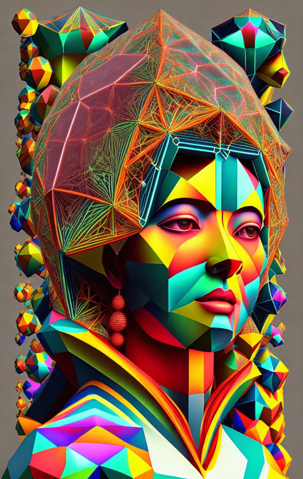 Colorful digital artwork of female figure with geometric patterns.