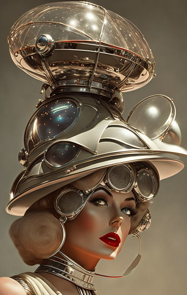 Futuristic female illustration with silver helmet and retro sci-fi style