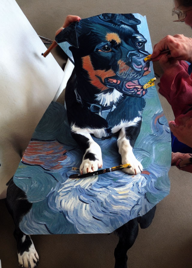 Whimsical portrait of a dog in formal attire with Van Gogh-inspired backdrop