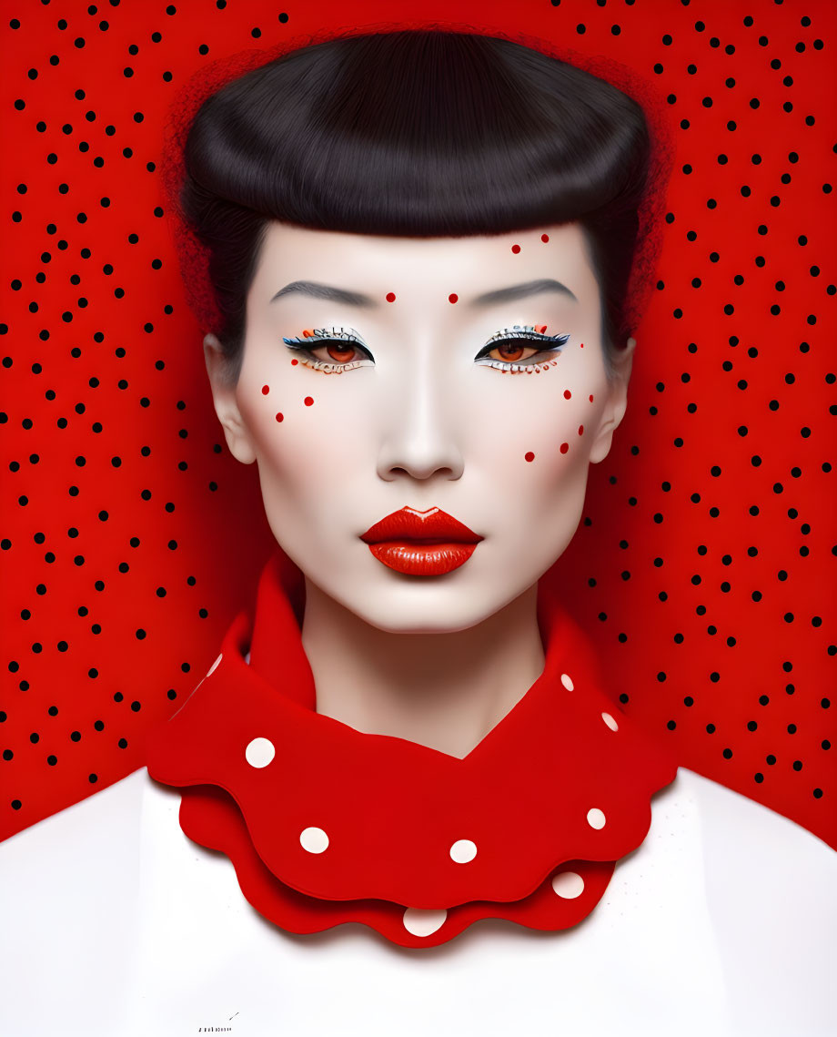 Stylized portrait of a woman with red and white makeup on polka dot background