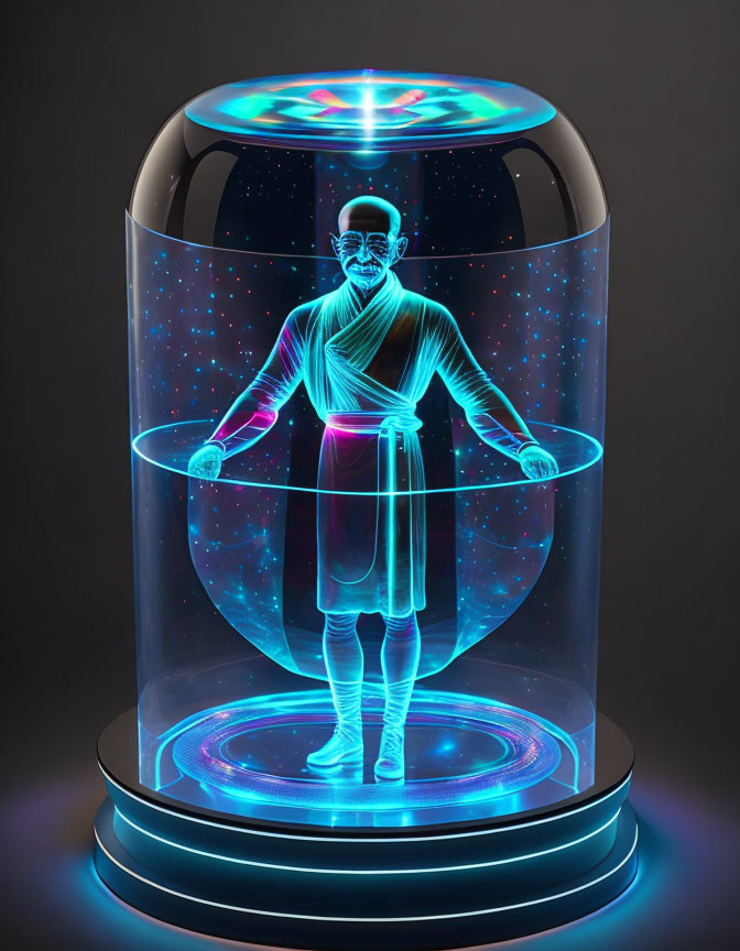 Man in holographic projection in futuristic glass capsule with cosmic background.