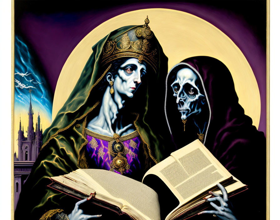 Stylized painting of queenly figure and skeleton with book in gothic setting