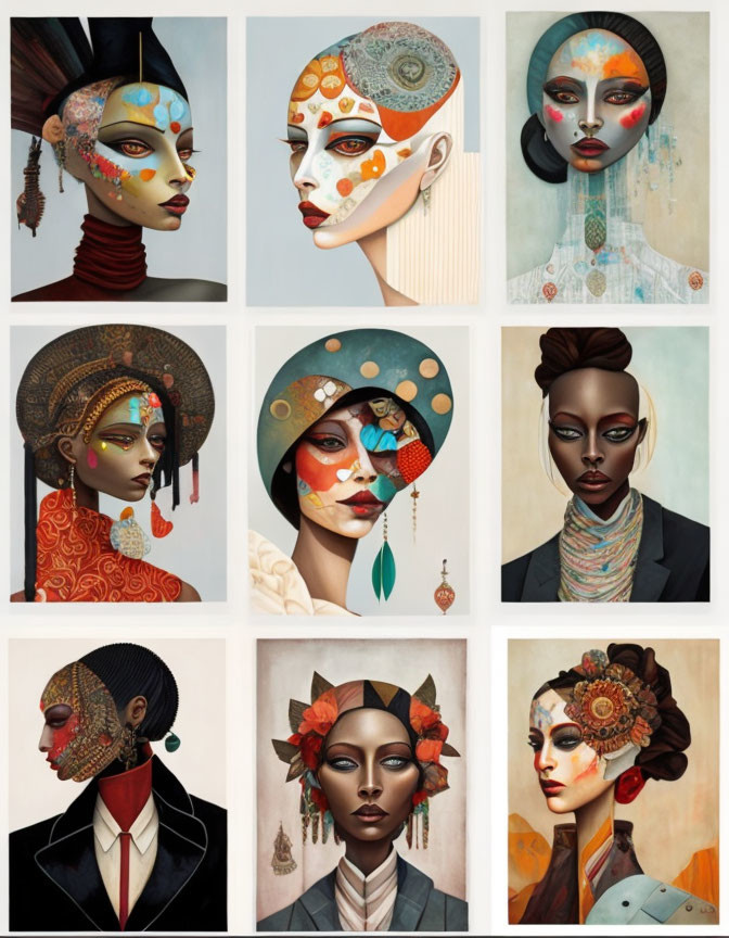 Nine Stylized Portraits of Women with Unique Face Paint and Elaborate Headwear