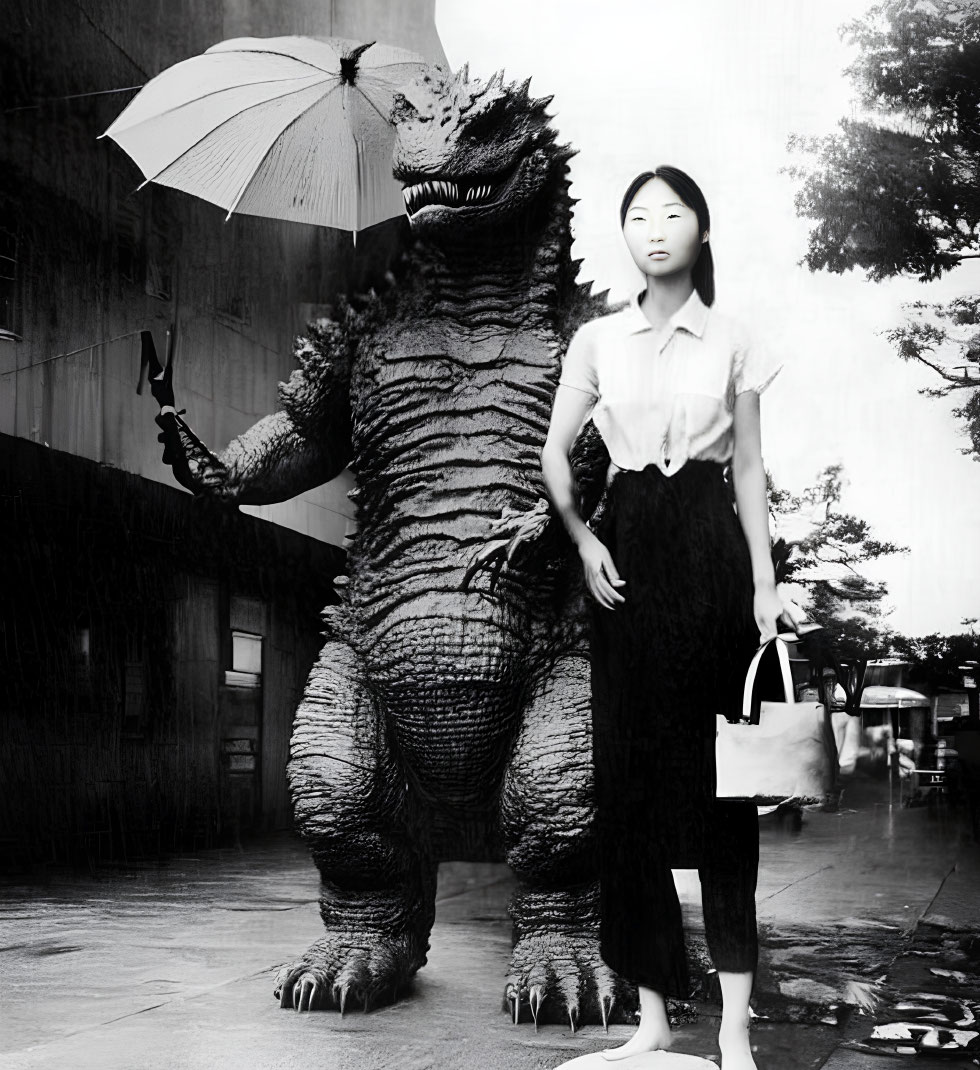 Monochromatic image: Woman with umbrella walks beside Godzilla on rainy street