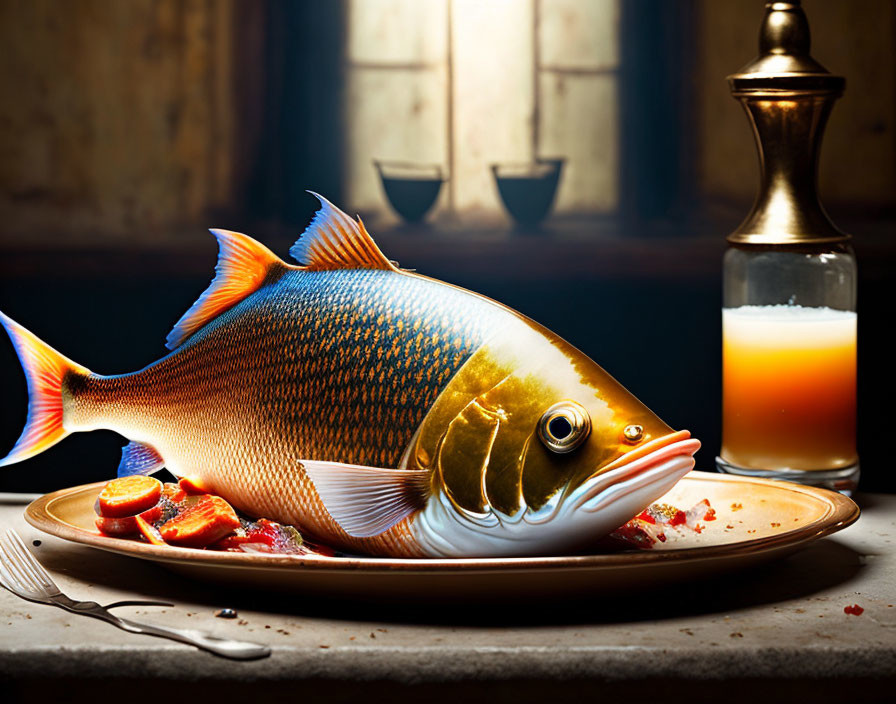 Colorful Fish Dish with Lemon, Sauce, Fork, Juice, and Oil Dispenser