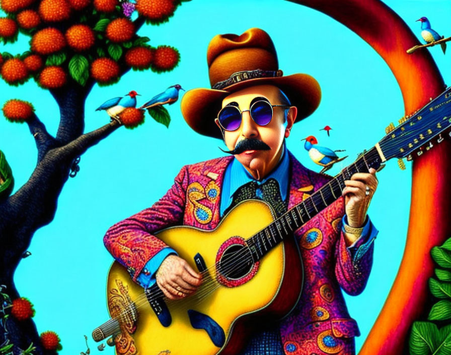 Colorful Suit and Hat Man Playing Guitar in Whimsical Nature Scene