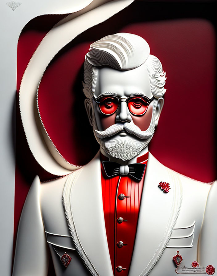 Detailed Stylized Illustration of Man with White Beard and Red Vest