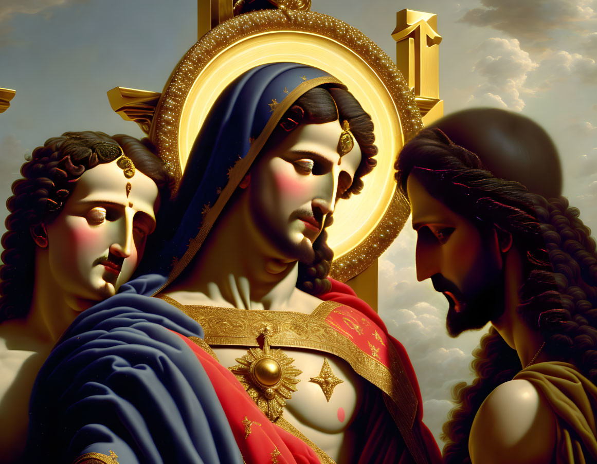 Classical religious iconography with three haloed figures in warm tones