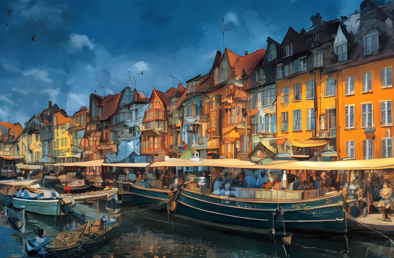 Colorful European Riverside Scene with Traditional Houses, Boats, and Market at Sunset