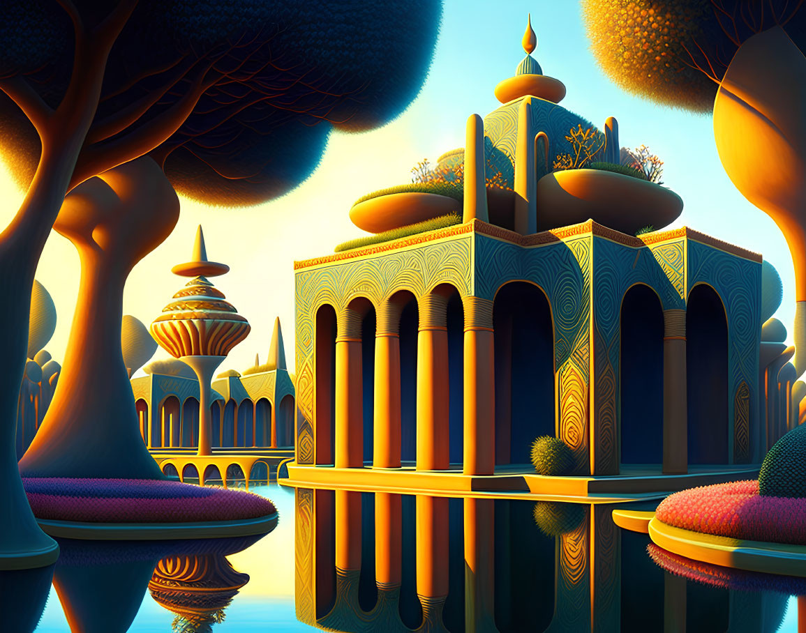 Golden-domed buildings in vibrant stylized landscape with reflecting water and sculpted trees under blue sky.