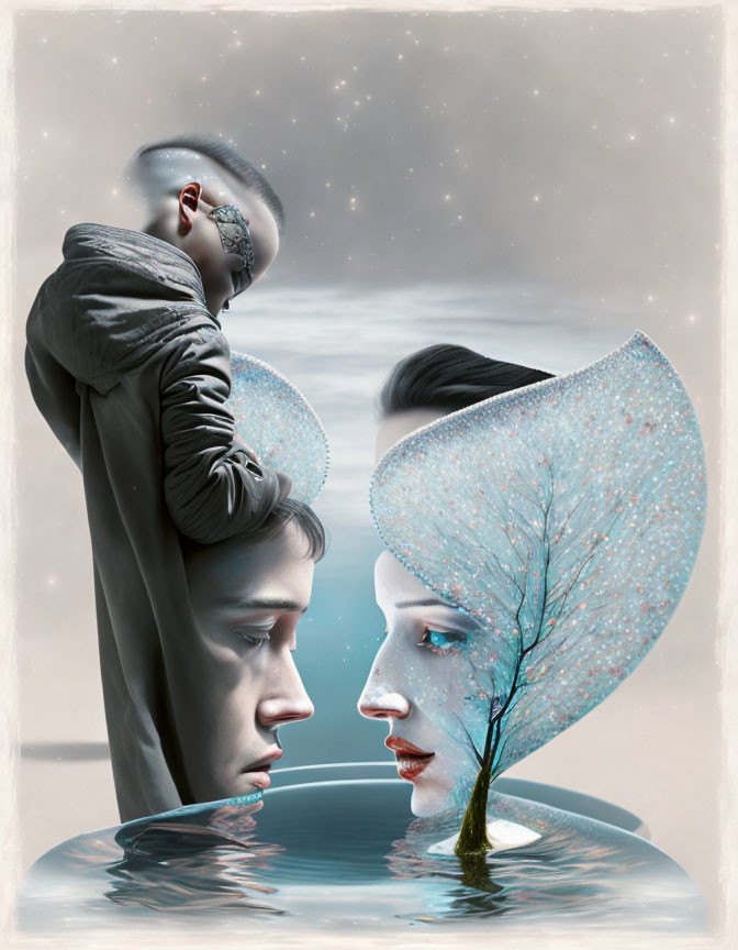 Surreal artwork featuring three unique faces with tree-like ear, starry profile, and submerged face