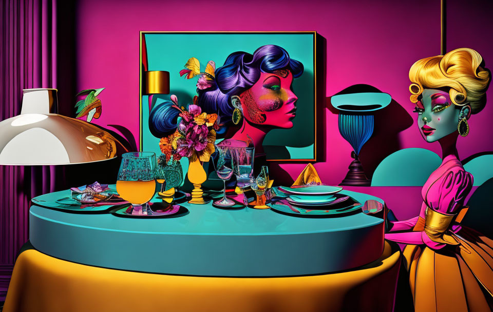 Colorful illustration of surreal female figures in dining setting