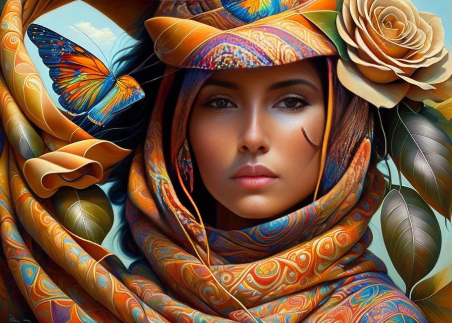 Woman with Colorful Butterfly Scarf and Rose Adornment