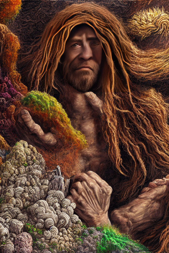 Fantastical figure with landscape body, tree hair, mossy shoulders, stone limbs