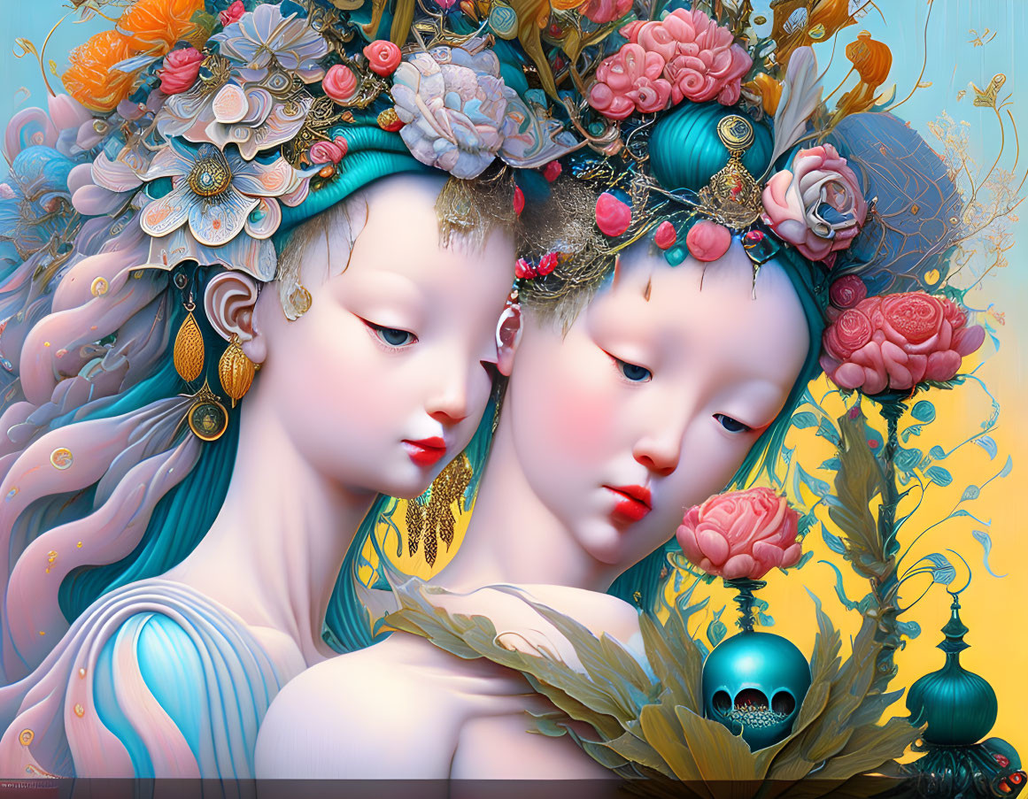 Stylized female figures with floral headpieces and skull in gold and turquoise on pastel backdrop