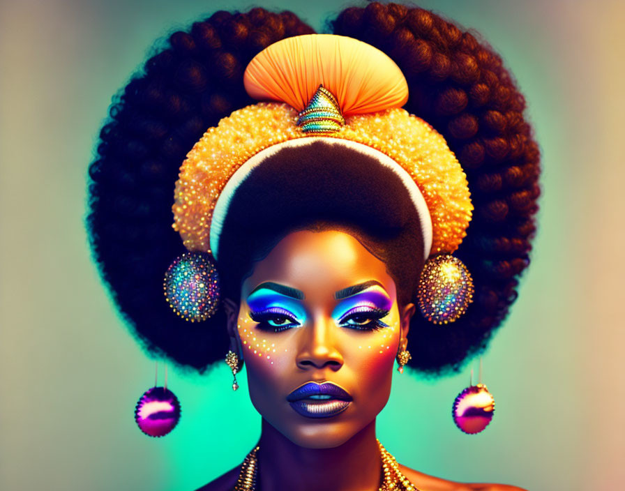 Colorful makeup and intricate hairstyle on woman with shells and beads.