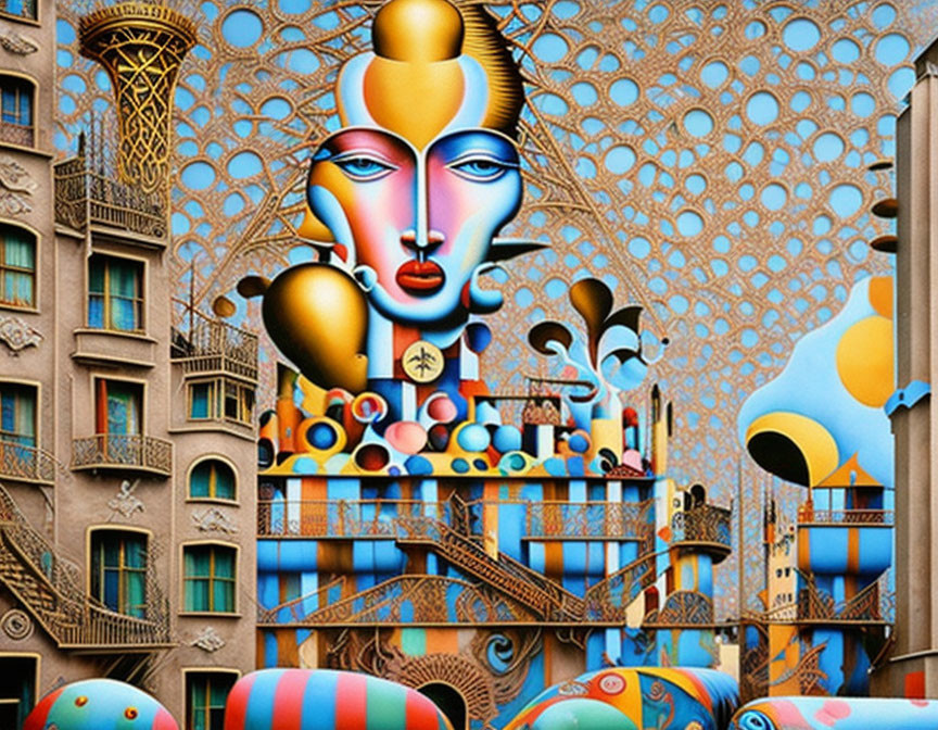 Surrealist painting with architecture, colorful shapes, and stylized human face