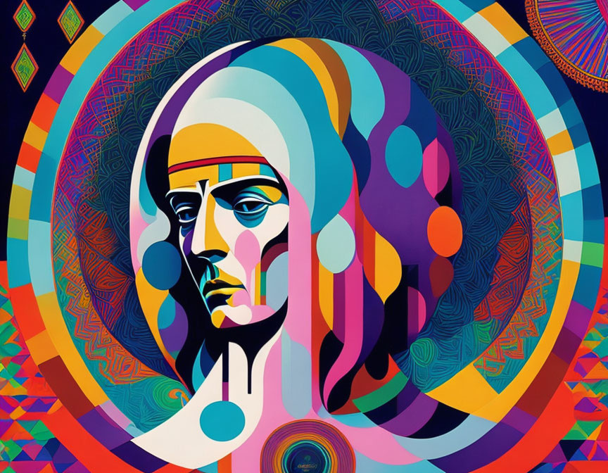 Vibrant human profile illustration with abstract patterns on colorful backdrop