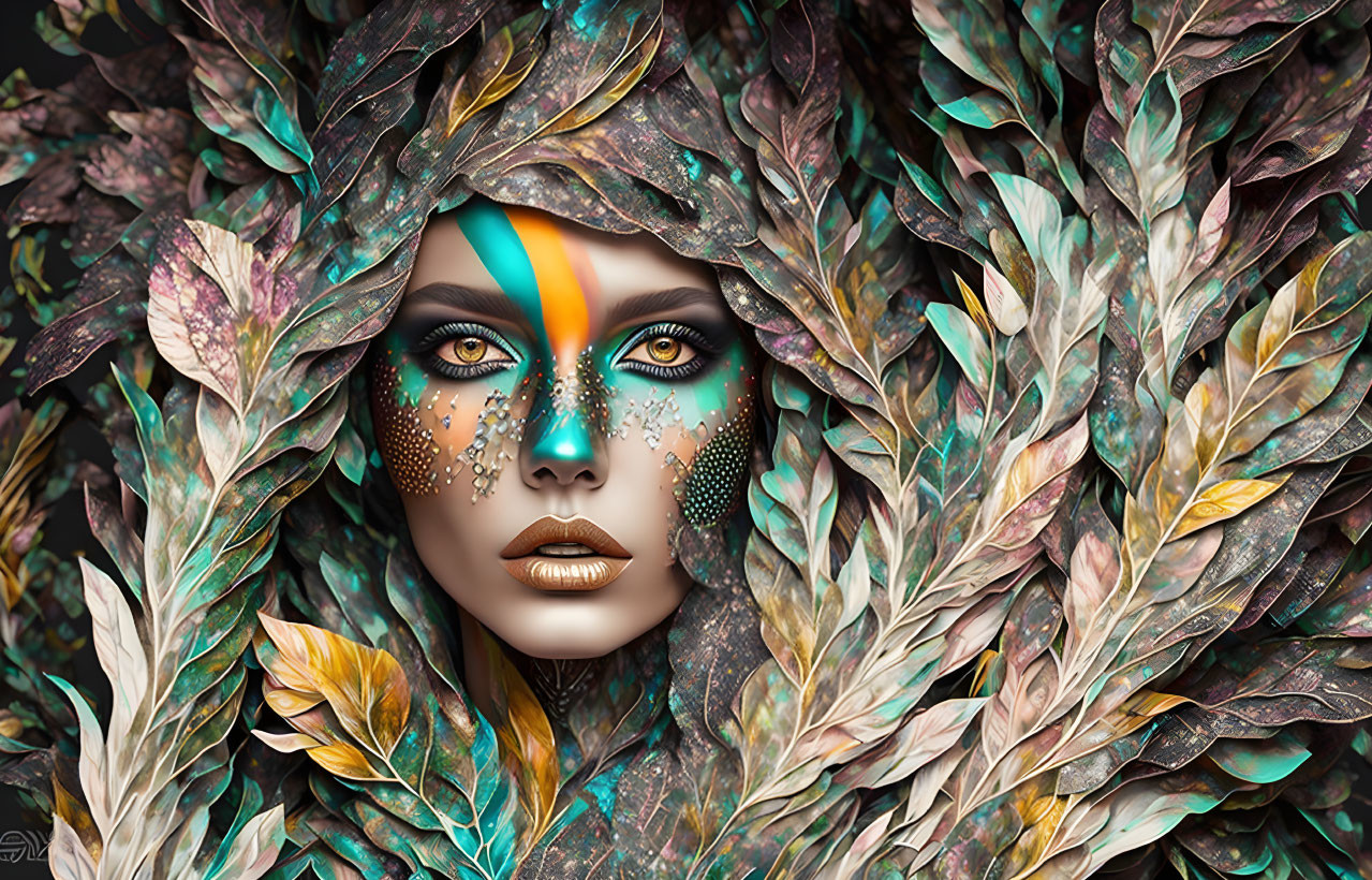 Woman with captivating makeup and metallic leaves in vibrant image