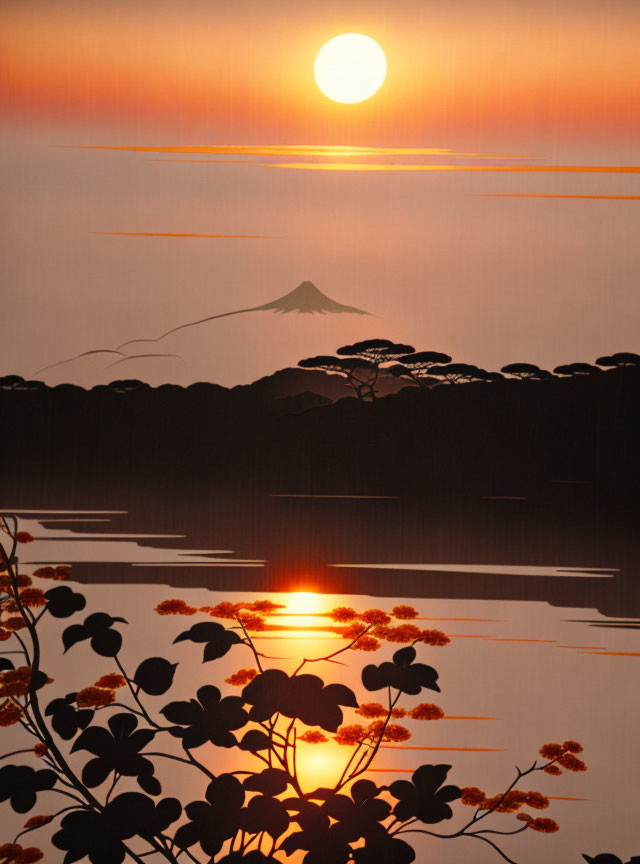 Tranquil Sunset: Mount Fuji Silhouette & Water Reflection