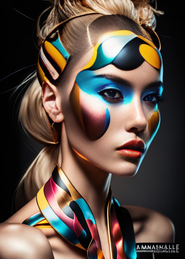 Colorful Body Painted Woman with Ponytail Hairstyle on Dark Background