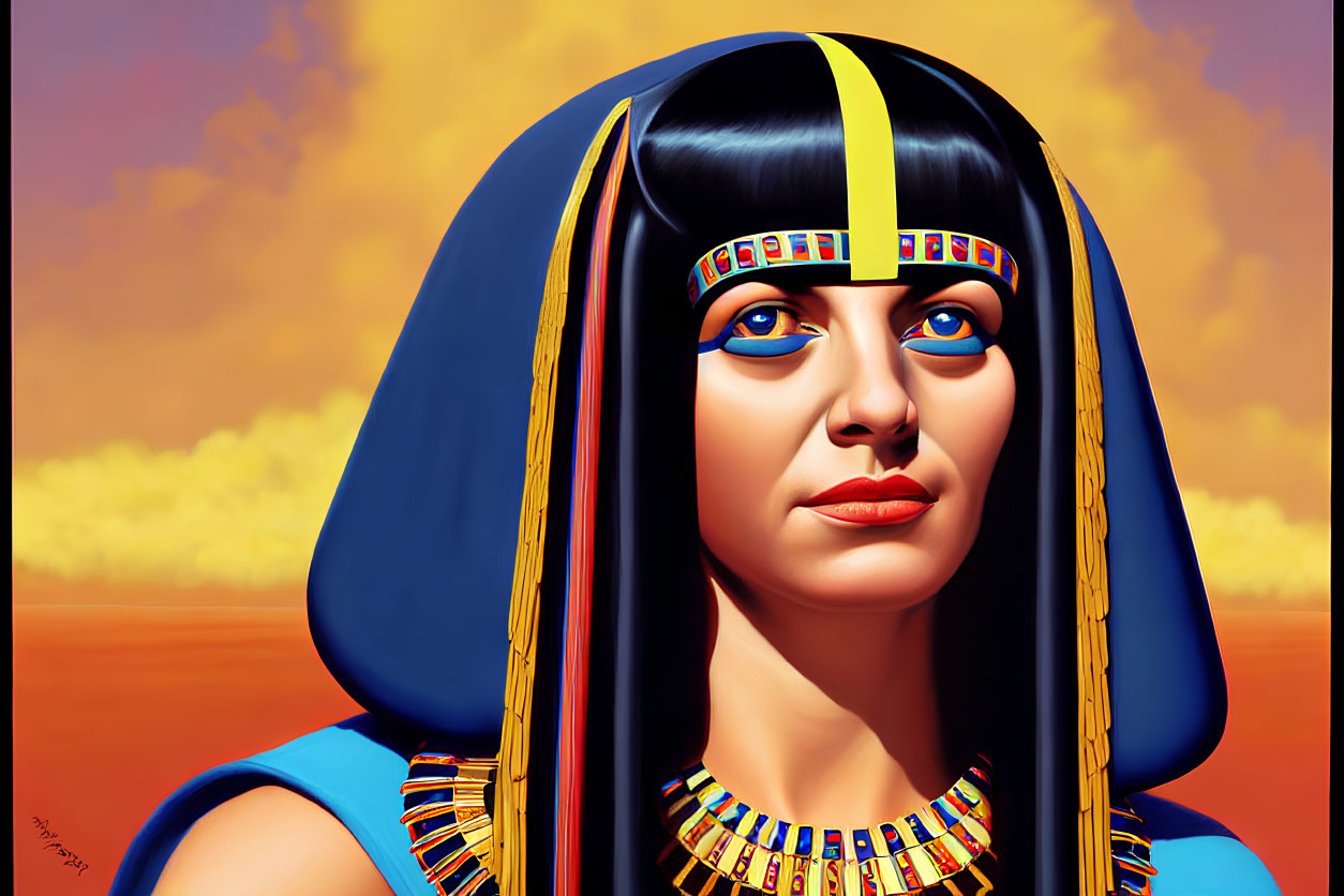 Colorful Cleopatra-inspired woman in digital art against orange sky