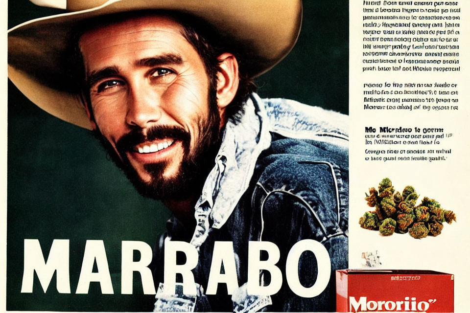 Vintage cowboy hat man in cigarette ad with text and green substance.