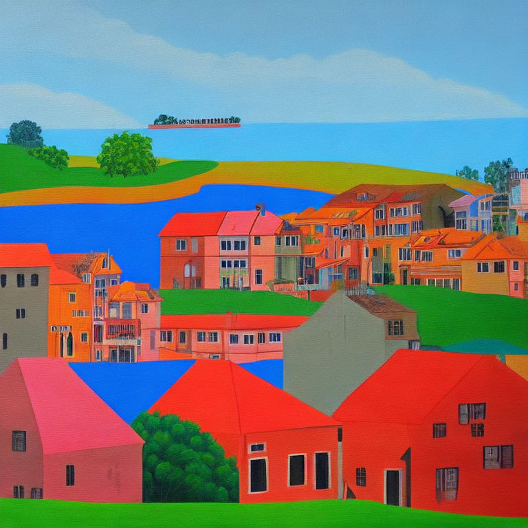 Colorful Village Painting with Red, Orange, Pink Houses and Blue River