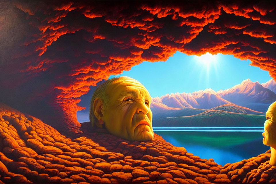 Elderly Man's Face in Surreal Landscape overlooking Lake and Mountains