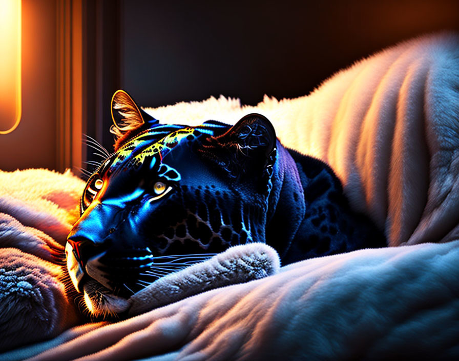 Black jaguar relaxing on white blanket under warm lamp light