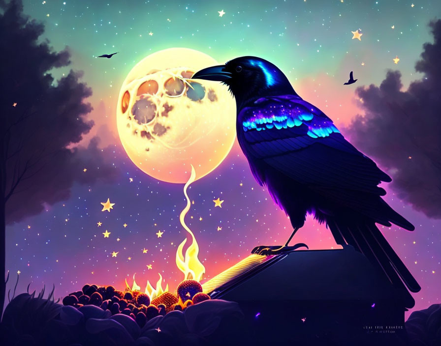 Illustration of raven on book with moon balloon in starry night sky