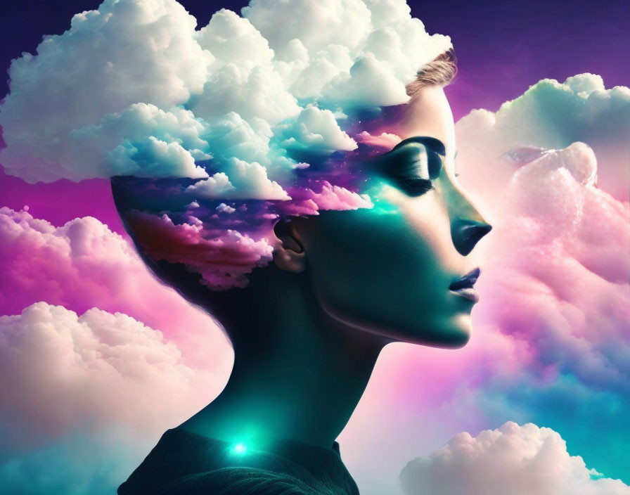 Person's head with cloudy sky section, blending human form with celestial elements in vibrant colors