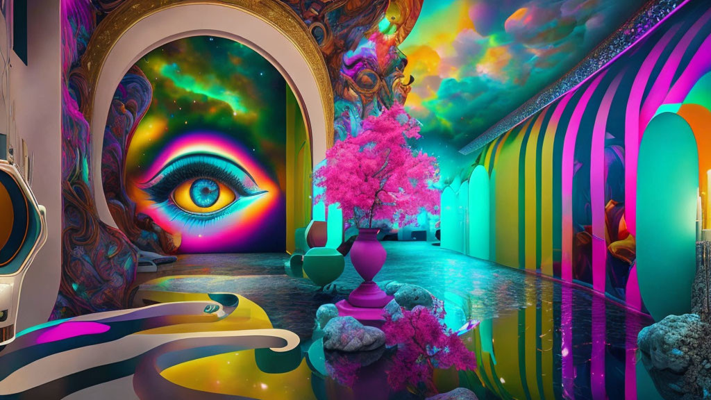 Colorful Psychedelic Interior with Eye Mural, Swirling Colors, Pink Tree, and Reflect