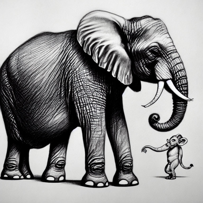 Pencil drawing of elephant and mouse interaction