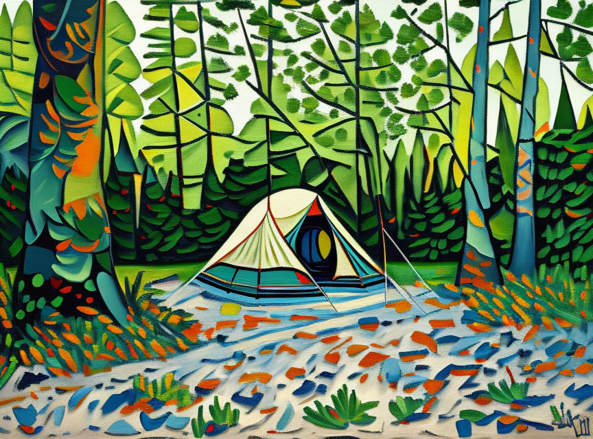 Colorful painting of camping tent in forest with exaggerated trees