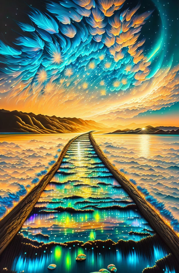 Colorful digital artwork: Railway track over water with fantasy sky