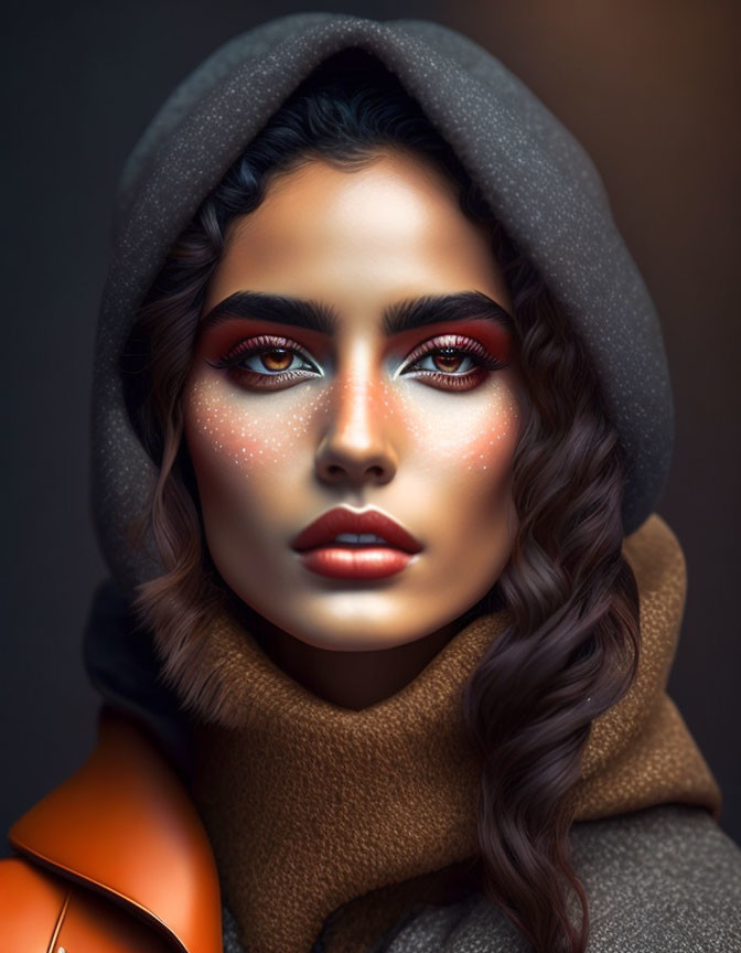 Digital portrait of woman with hood and scarf, red eyeshadow and freckles.