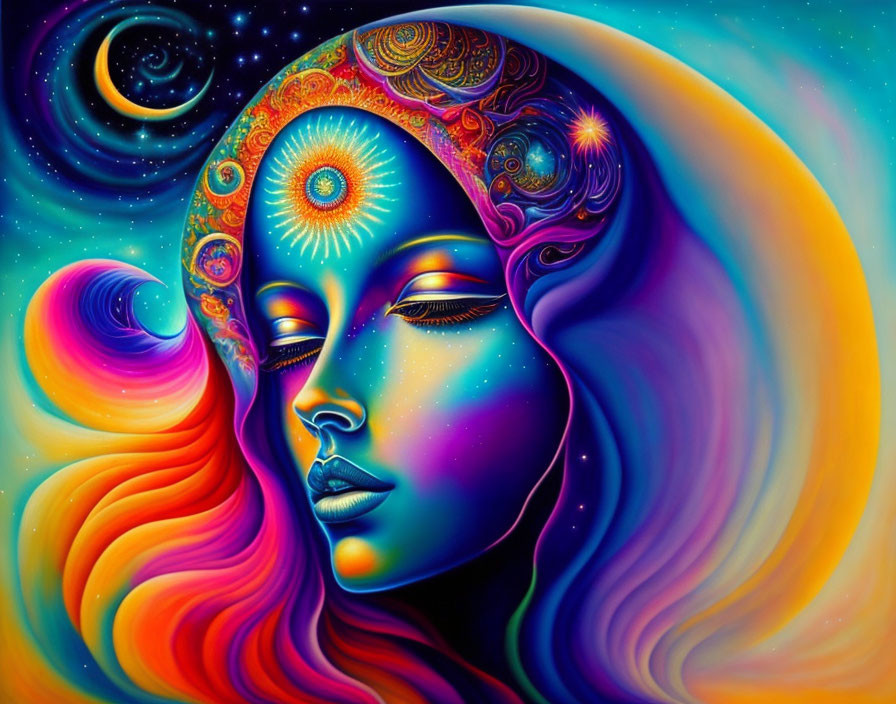 Colorful Psychedelic Portrait of Woman with Celestial Features
