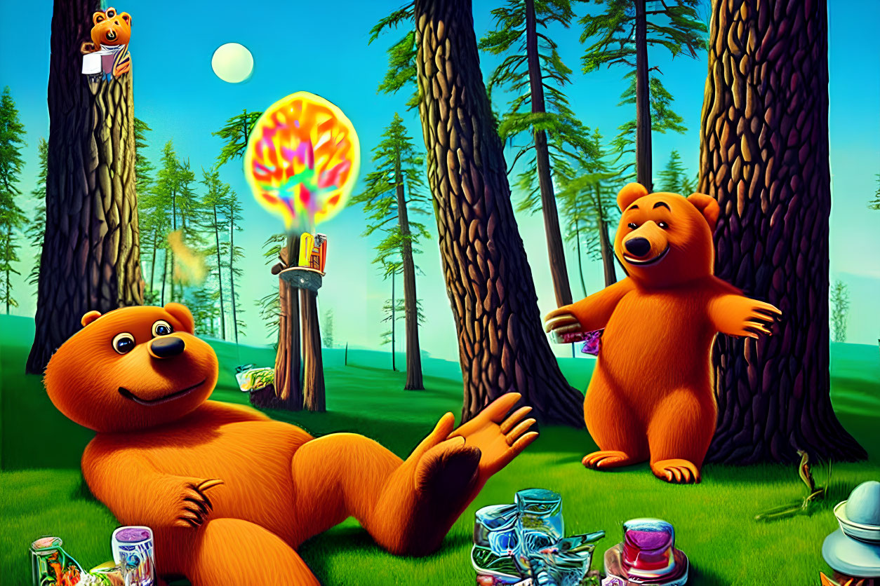 Vibrant cartoon bears in forest: one juggling fire orbs, other peeking from tree.