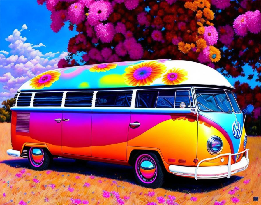 Colorful Volkswagen van with psychedelic flower design in vibrant field