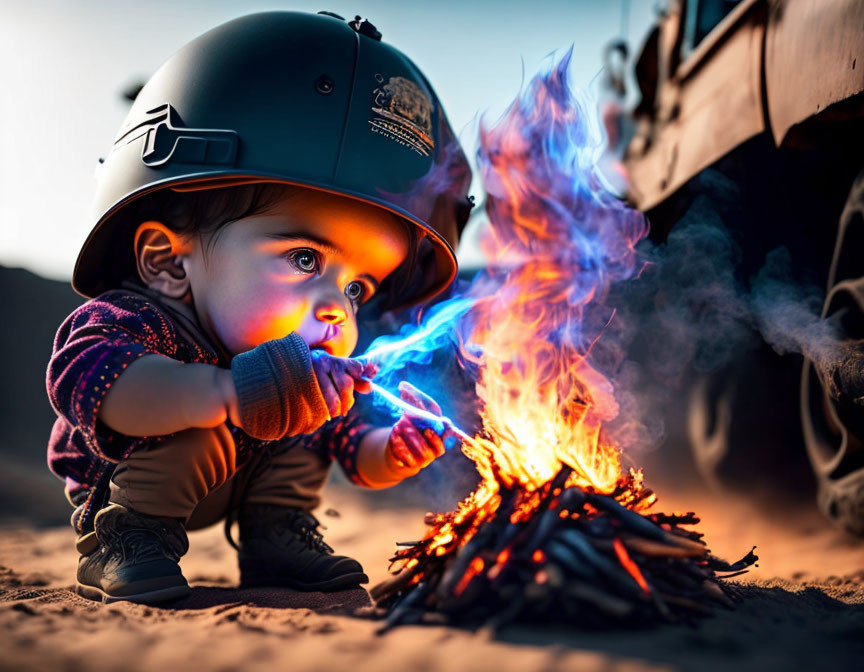 Toddler playing with sticks near campfire at twilight