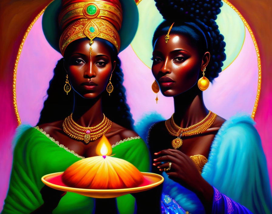 Two women in regal attire holding a candle against a richly colored backdrop