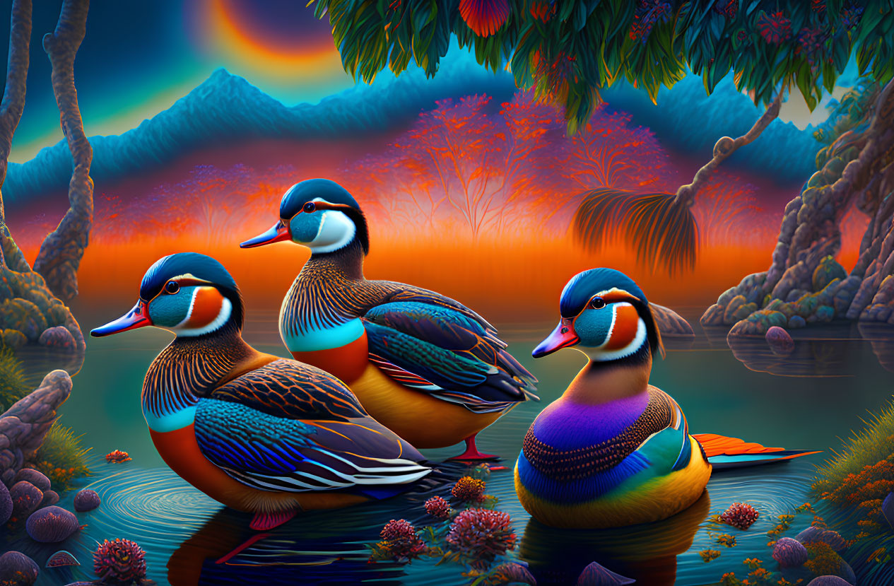 Colorful Mandarin Ducks on Tranquil Waters with Lush Foliage