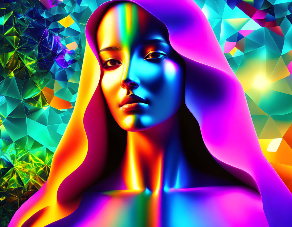 Colorful digital artwork of woman's face with geometric patterns