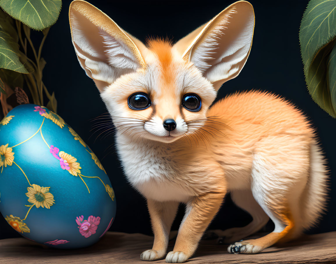 Whimsical digitally created fennec fox creature with large ears and eyes beside a decorated egg