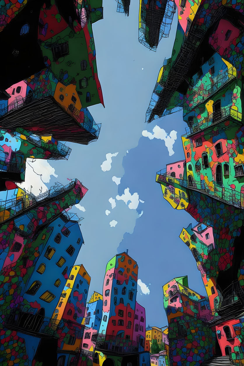 Vibrant cartoon-style buildings under a cloudy sky