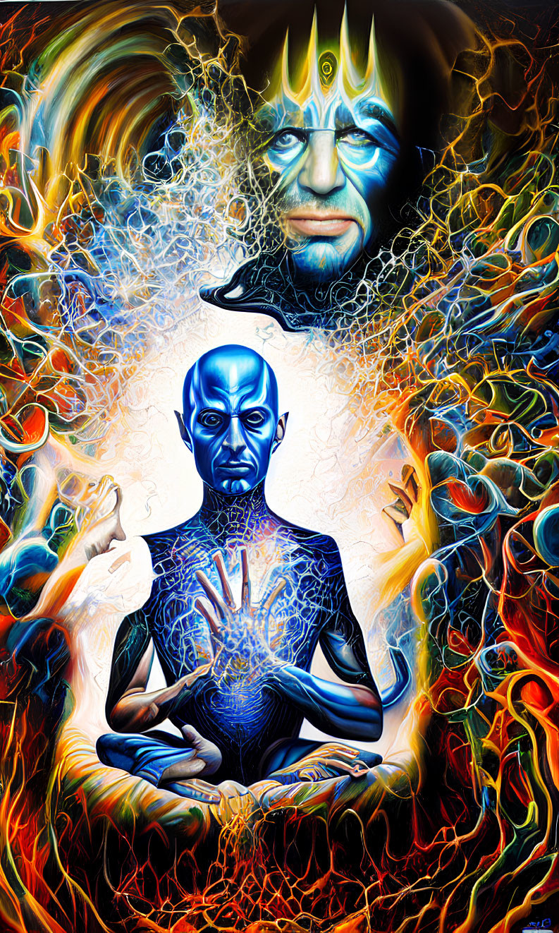 Colorful digital artwork of blue humanoid figure meditating with spectral face.